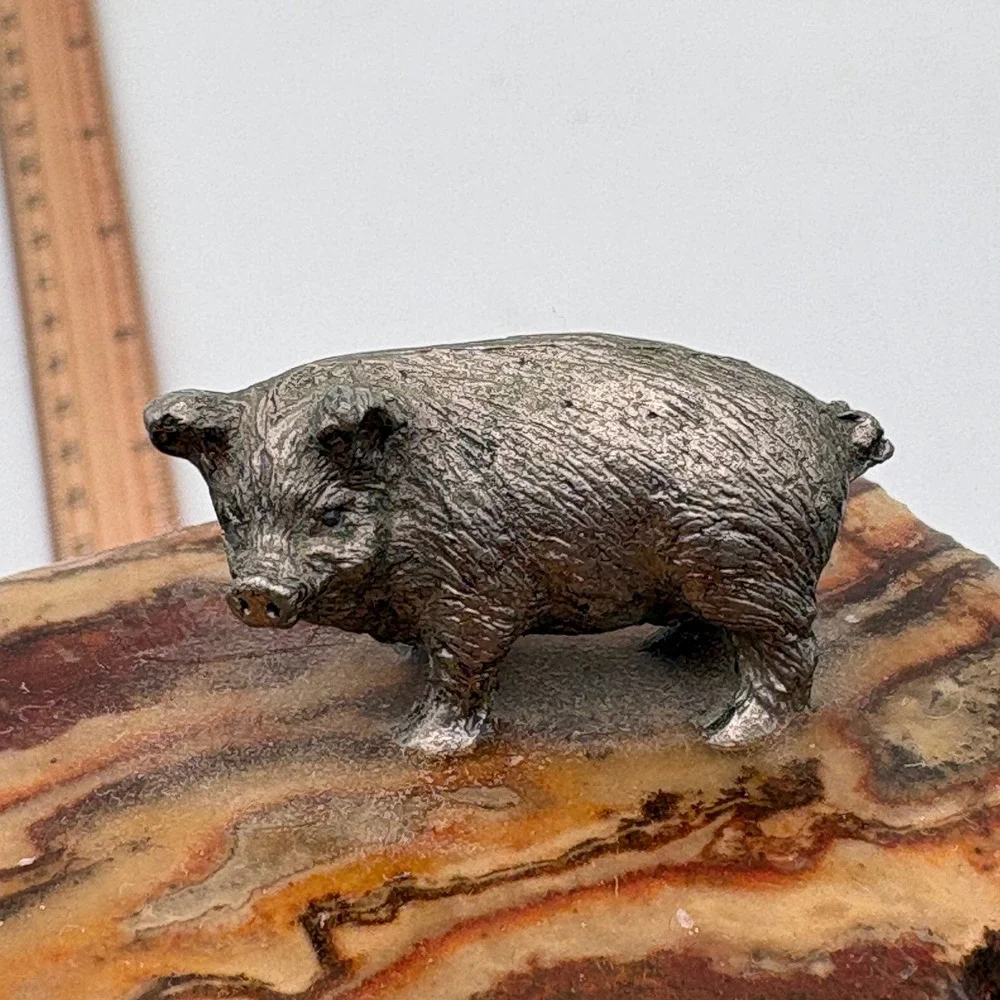 Vintage MCM Stone Slab Desk Pen Holder Metal Pig‎ pork farm animal butcher Agate